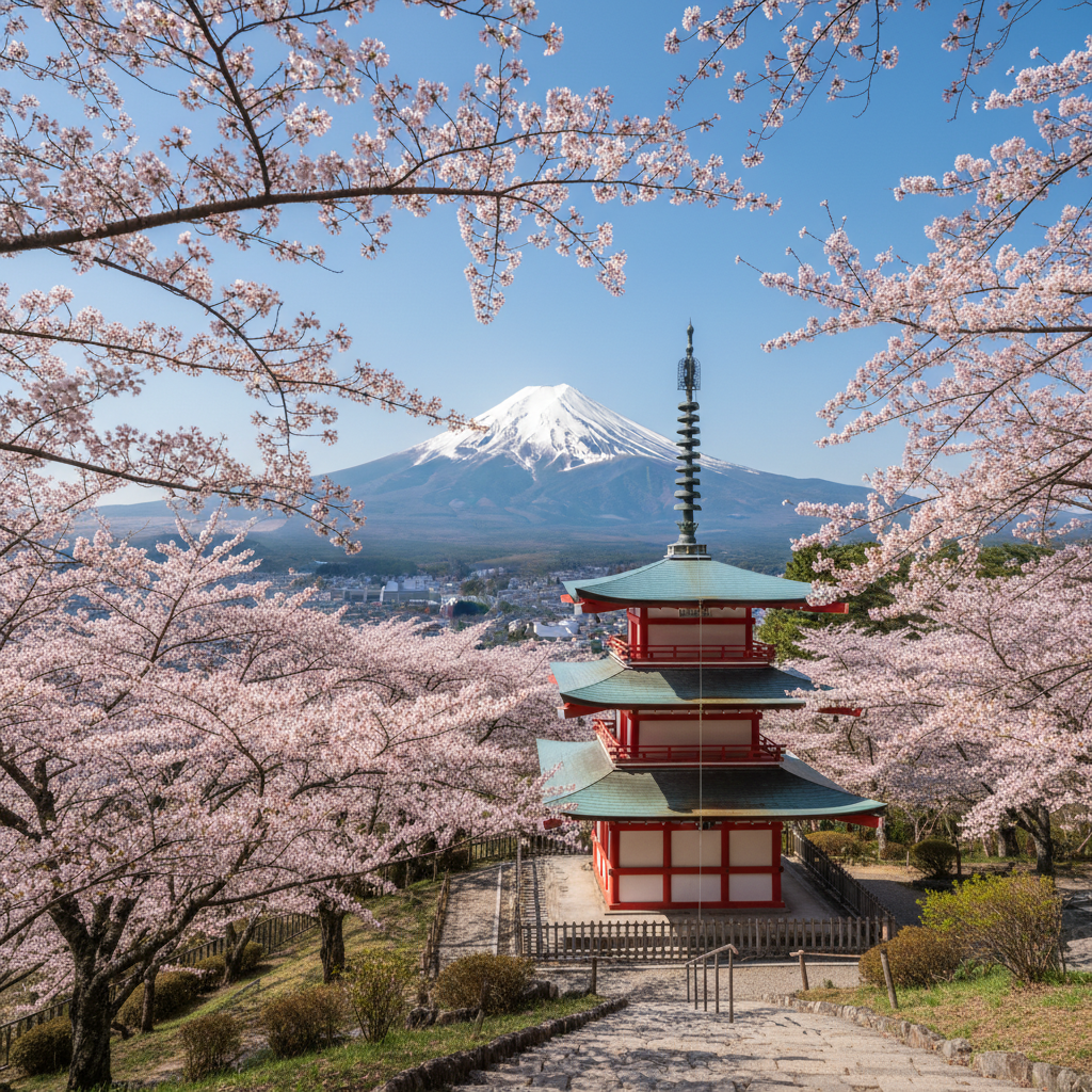 A high-resolution landscape photo of the Chureito Pagoda in Fujiyoshida during spring, surrounded by blooming pink cherry blossoms with a snow-capped Mount Fuji in the background under a clear blue sky.