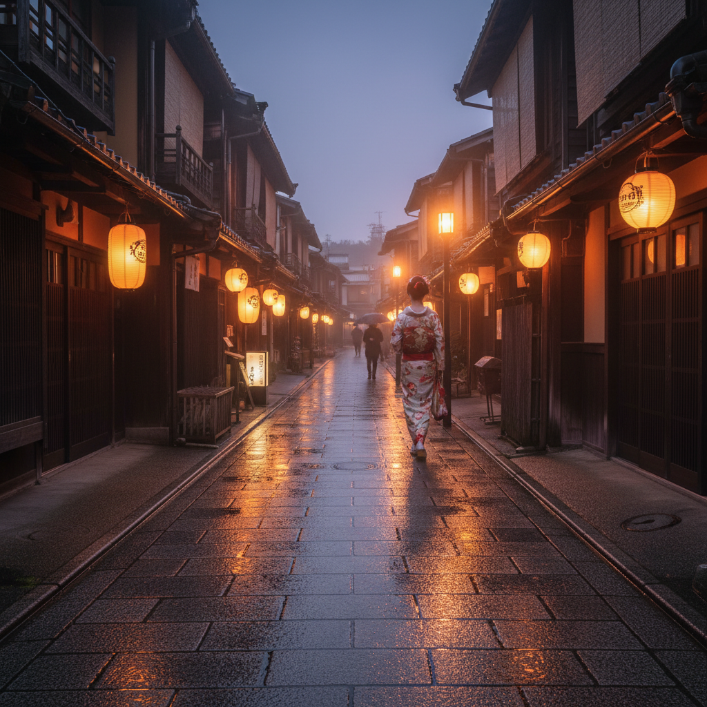 A cinematic evening shot of a traditional street in Gion, Kyoto, featuring narrow stone-paved paths, wooden machiya houses, and glowing paper lanterns reflected in puddles after a light rain.