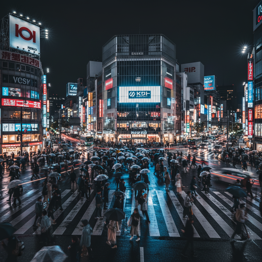 A wide-angle professional photograph of the Shibuya Crossing in Tokyo at night, capturing the vibrant neon signs, busy crowds, and trails of light from moving vehicles with high contrast.