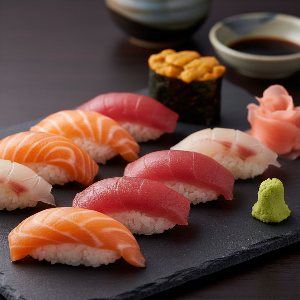 A close-up, high-quality food photograph of an authentic Japanese sushi platter served on a dark slate plate, featuring fresh salmon, tuna, and uni with a garnish of wasabi and pickled ginger.