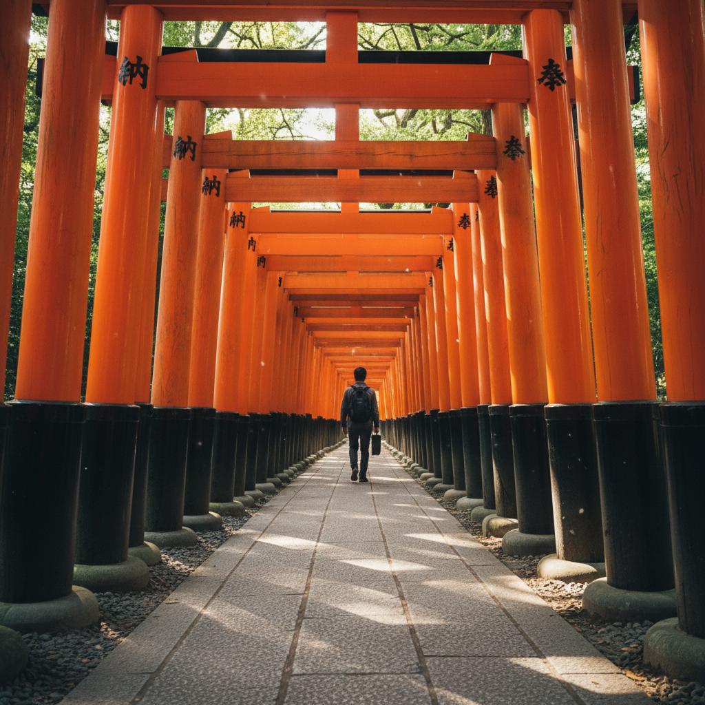 A perspective shot looking through the endless rows of vibrant orange Torii gates at Fushimi Inari Shrine, with sunlight filtering through the trees creating a dappled light effect on the path.